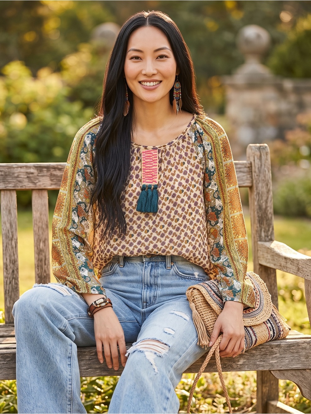 NEW! Hannah Multicolor Patterned Boho Blouse with Tassel